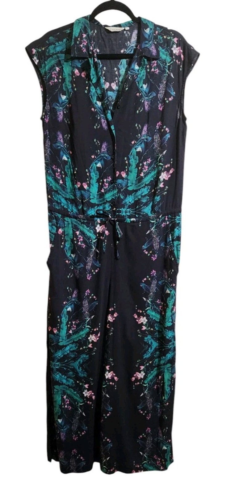 Tylho Women's Wide Cropped Leg Black Floral Jumpsuit Pockets Medium Sleeveless